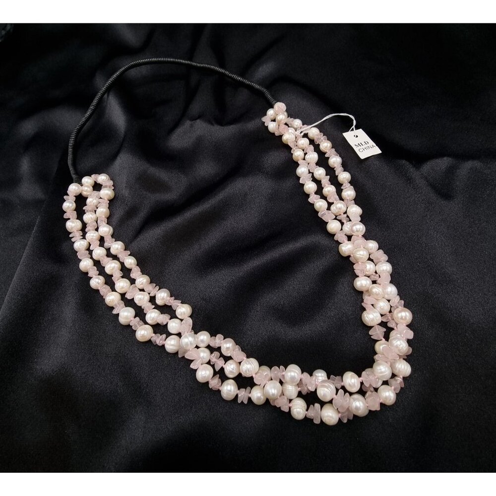 MLD Signed Freshwater Pearl & Rose Quartz Triple Strand Necklace